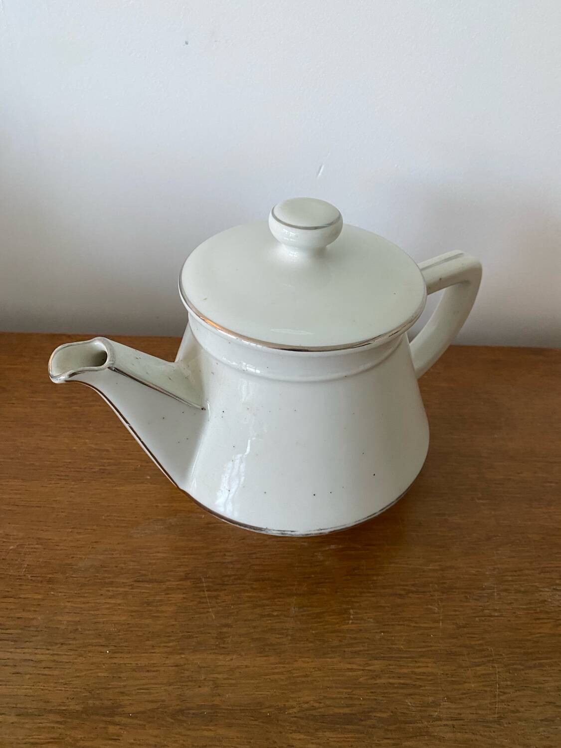 Antique Aluminite Teapot FRUGIER White & Silver Ceramic Vintage
