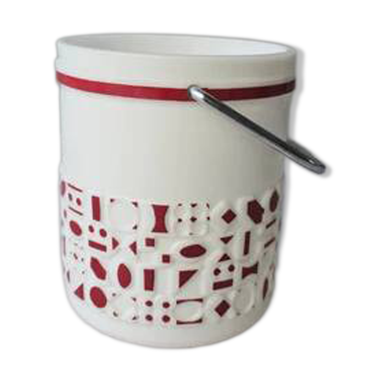 Vintage white opaline ice bucket with red patterns.