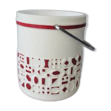 Seau à glaçons blanc vintage en opaline avec motifs rouges