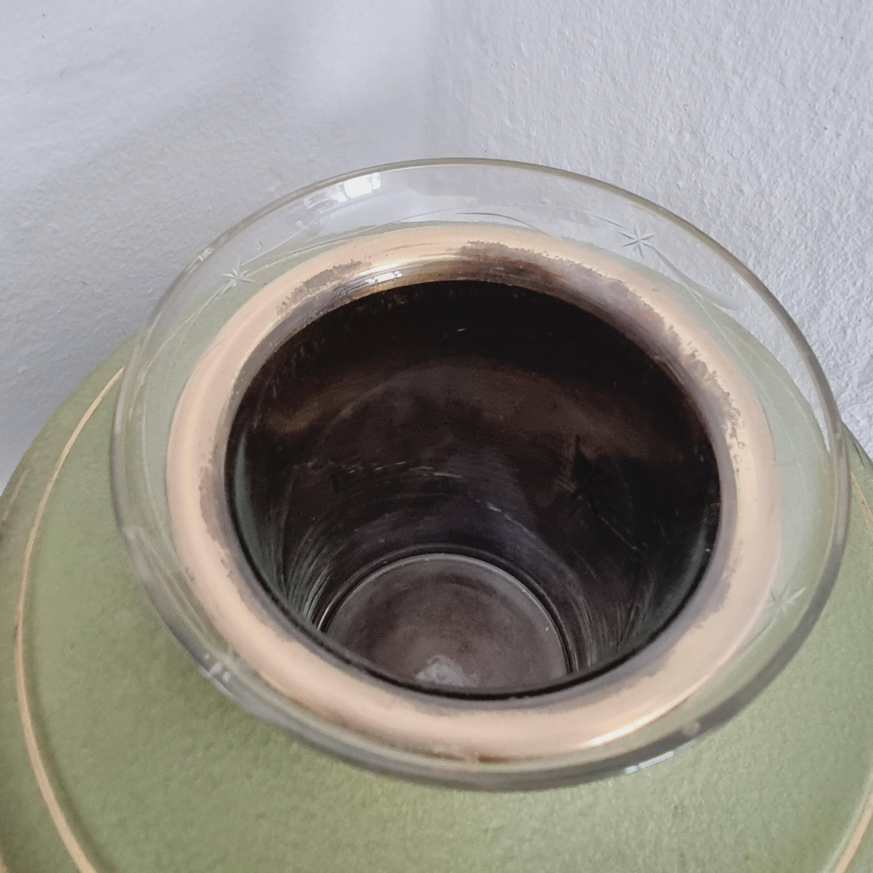 Metal, wood, and engraved glass vase. Swedish grace, 1930s.