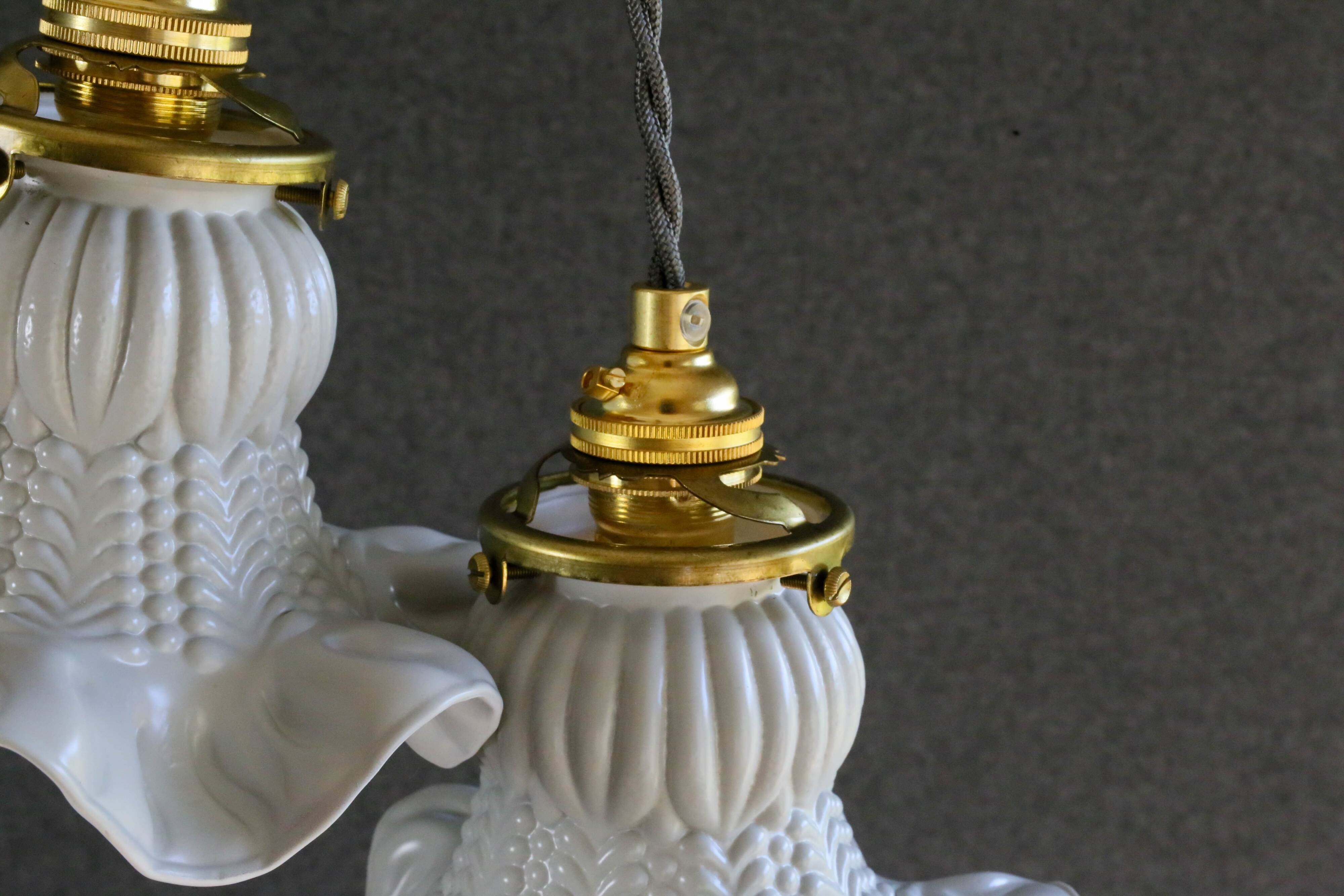 A set of two old pendant lights painted in gray and white, delivered with cable and nf socket
