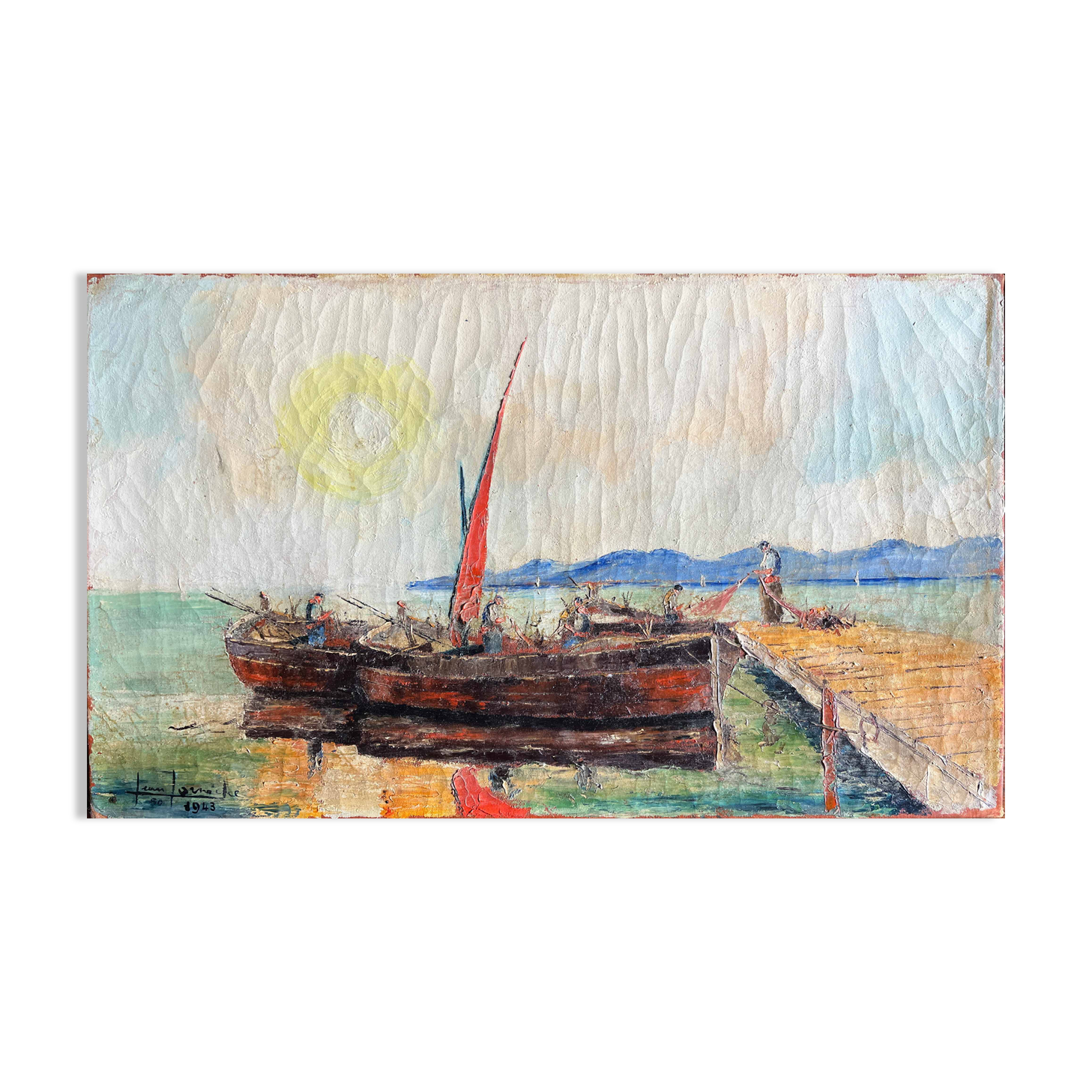 Tableau HST Jean Corniche (1943) Le Port avec bateau de pêcheur - St Tropez