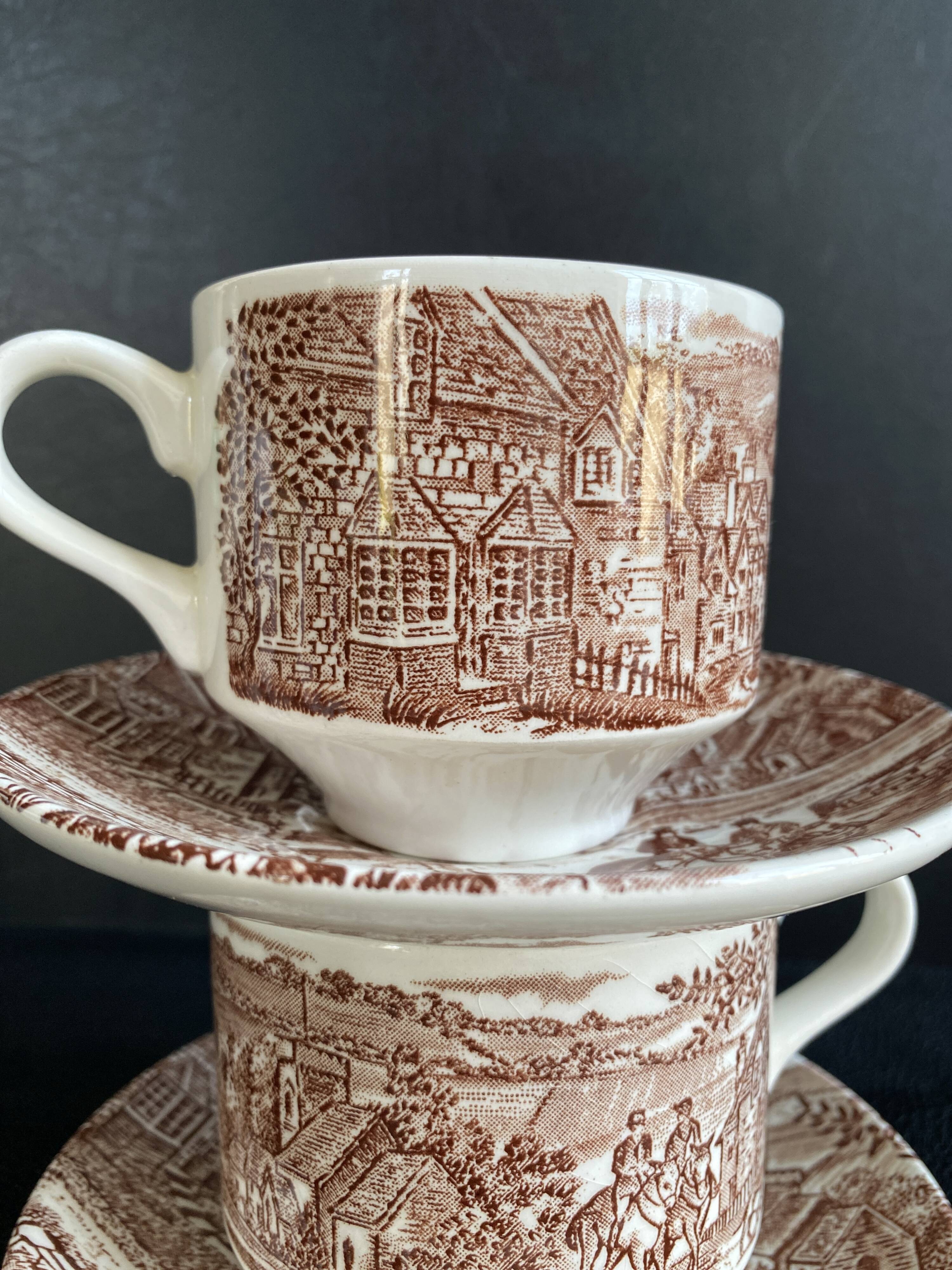 Duo of English Cups & Saucers Broadhurst Ironstone - Hunting Scene