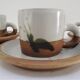 Four pottery cups and saucers from La Colombe Vallauris