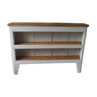 Long, narrow bookcase in pearl gray patina, wooden top.