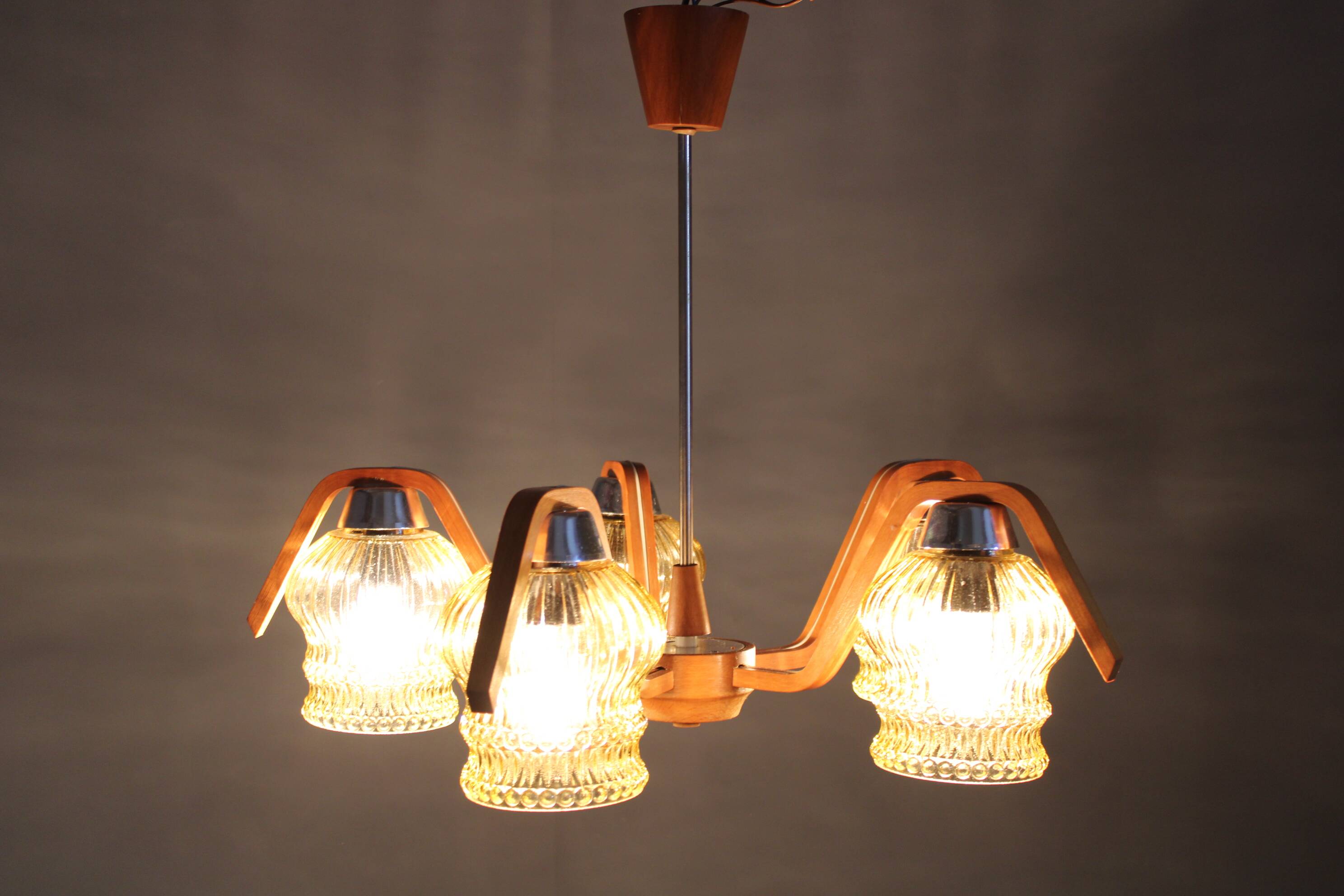 Mid Century Czech Wood Glass Chandelier, 1970s Restored