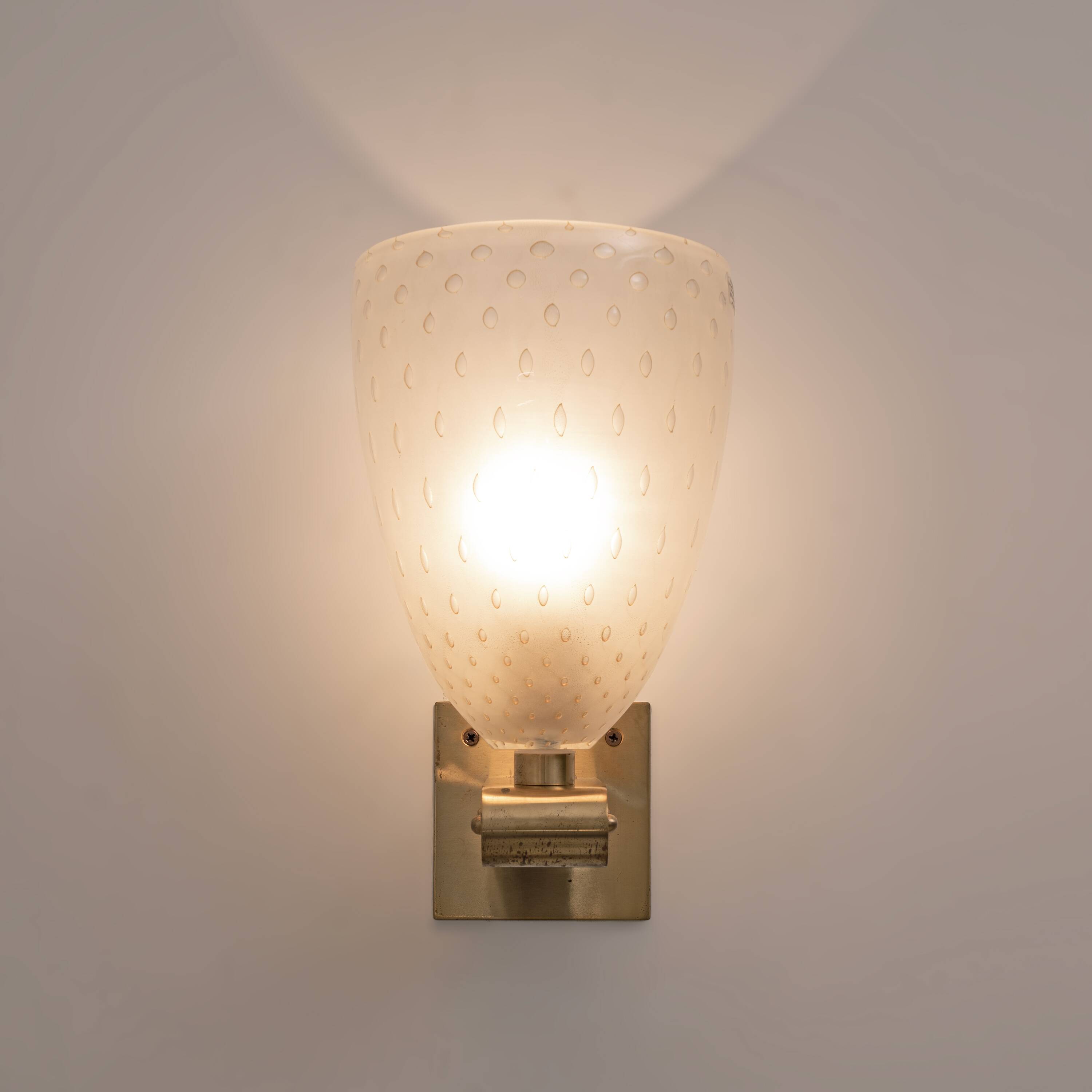 Pair of Murano Pulegoso Glass and Brass Wall Sconces, Italy
