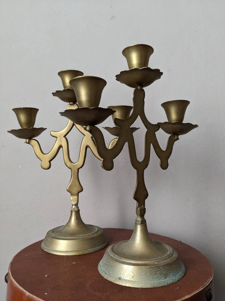 Pair of 3-branch brass candlesticks, Scandinavian country bohemian decoration