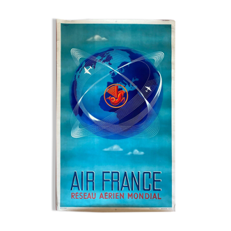 Affiche originale Tourisme "Air France Réseau Aérien Mondial" 62x100cm 1948