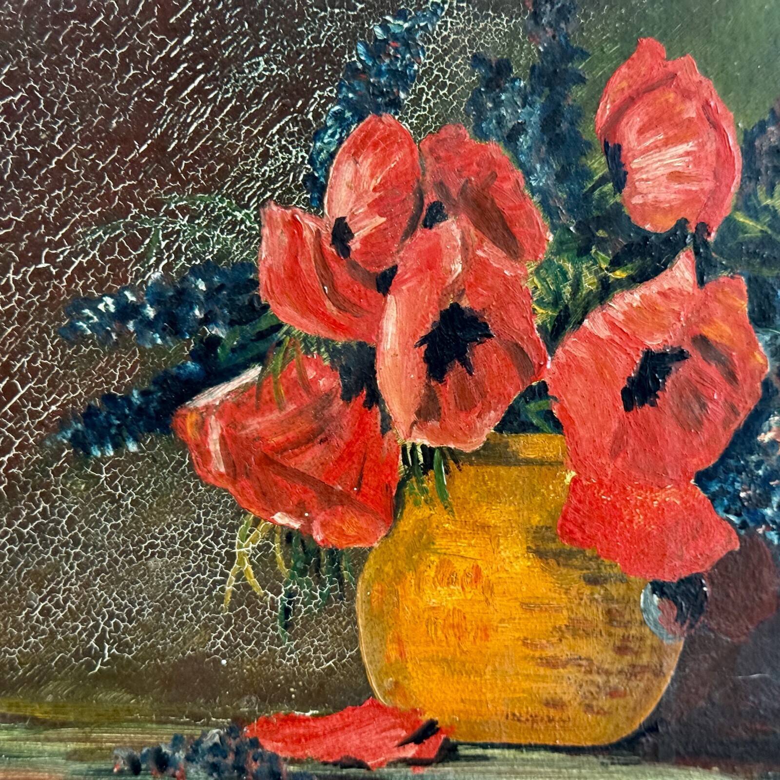 Huile sur panneau par Suefirier 1933 nature morte aux coquelicots