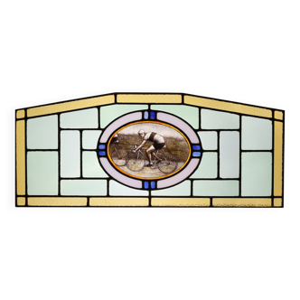 Art Deco Stained Glass Panel Depicting Cyclists in Motion, Belgium ca. 1910