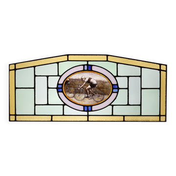 Art Deco Stained Glass Panel Depicting Cyclists in Motion, Belgium ca. 1910