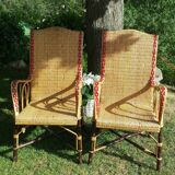 Wicker or rattan armchairs and bamboo