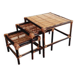 Trio of nesting tables in wood and rattan