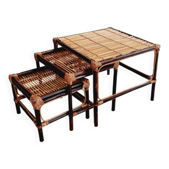 Trio of nesting tables in wood and rattan
