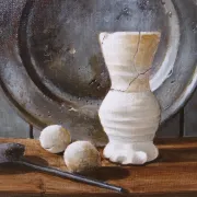 Still life with pewter dish, jug and stoppers – Marjolein van den Berg