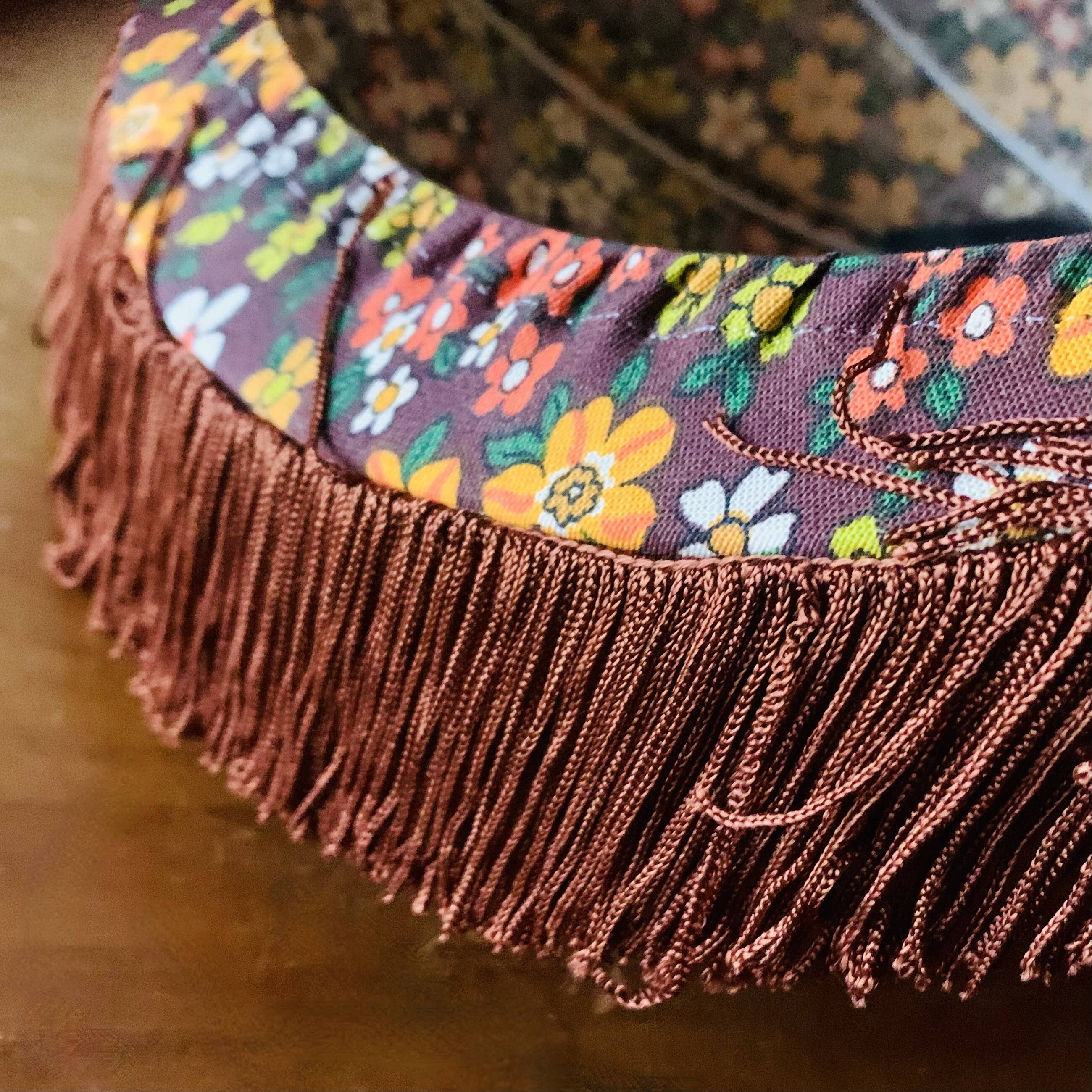 Vintage fringed pendant light in floral fabric - 1970s