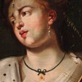 Tableau ancien du XVIIIe siècle, Dame au perroquet