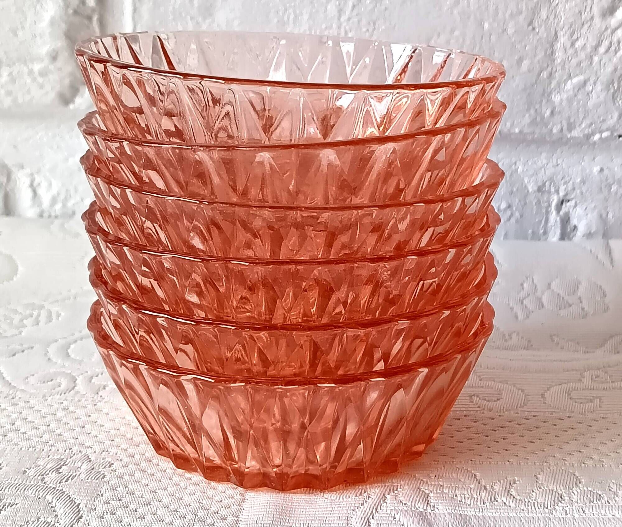 6 vintage French pink molded glass bowls from the 1960s