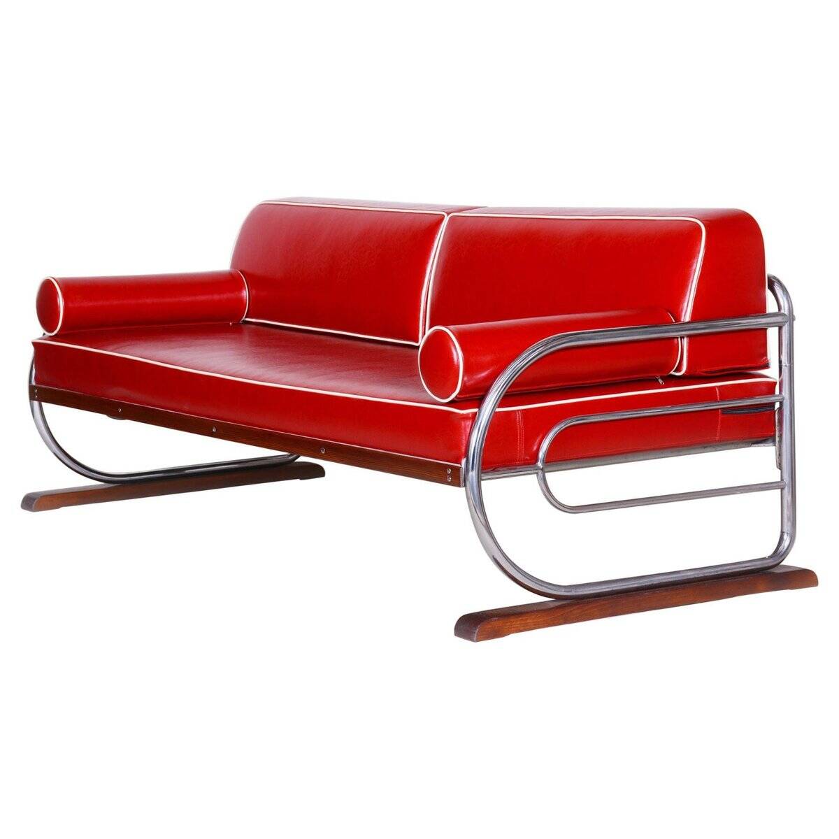 Bauhaus Red Tubular Chromed Steel Sofa by Robert Slezák, 1930s