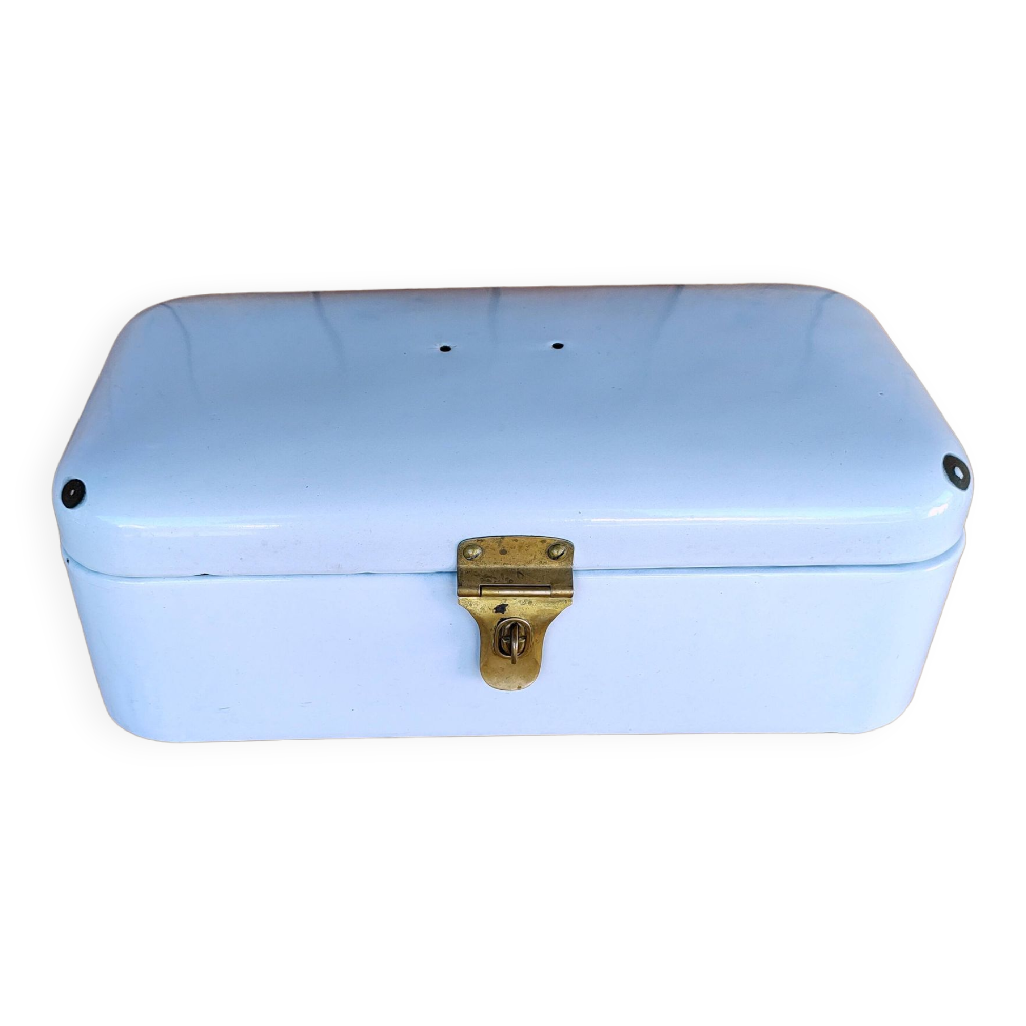 Vintage bread box - white enamel and brass - retro