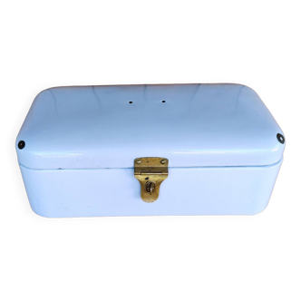 Vintage bread box - white enamel and brass - retro