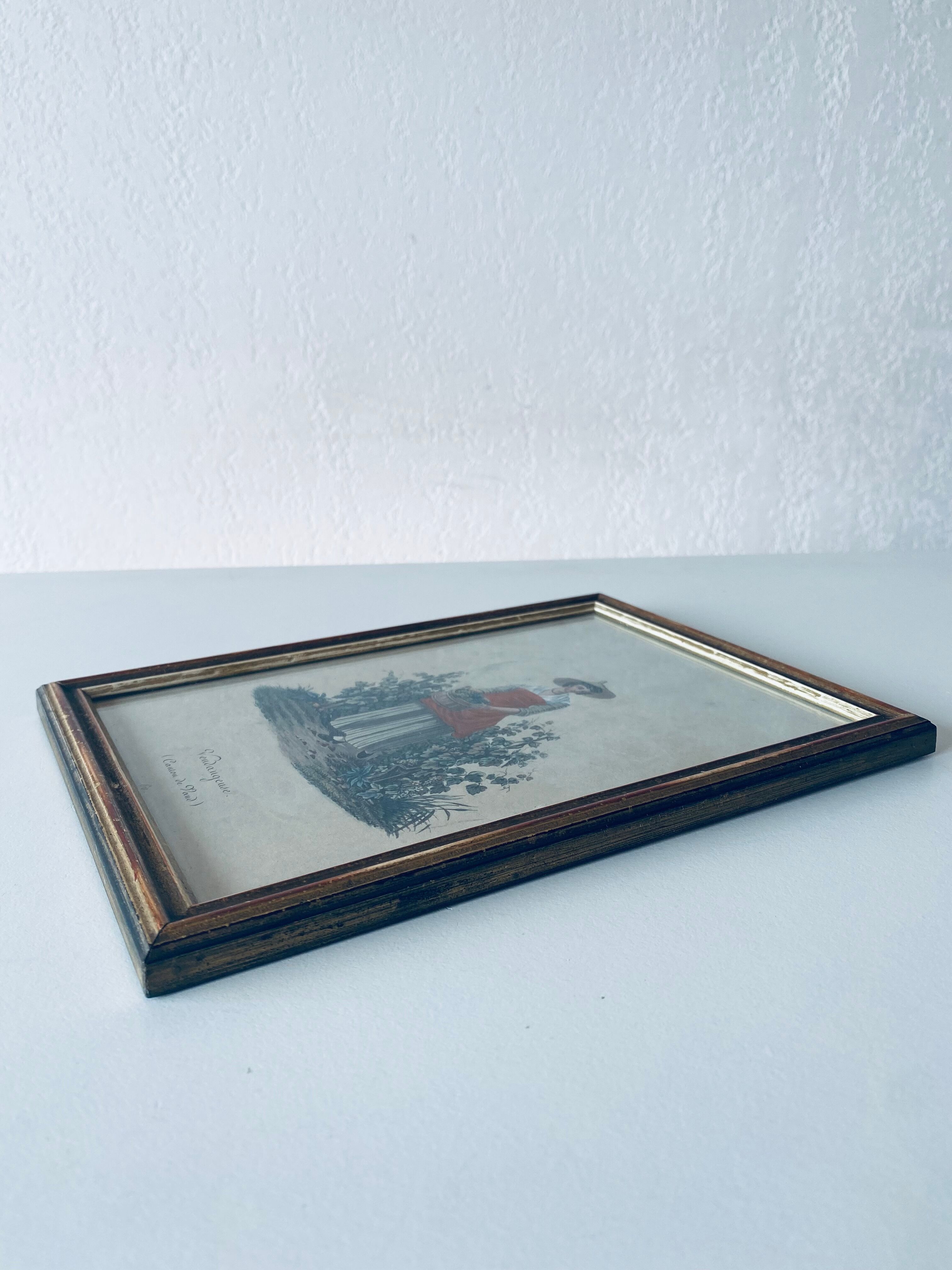 Framed antique engraving, harvest scene