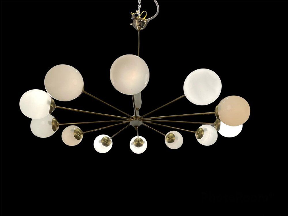 Opaline glass & brass sputnik chandelier with 12 lights, 1970s