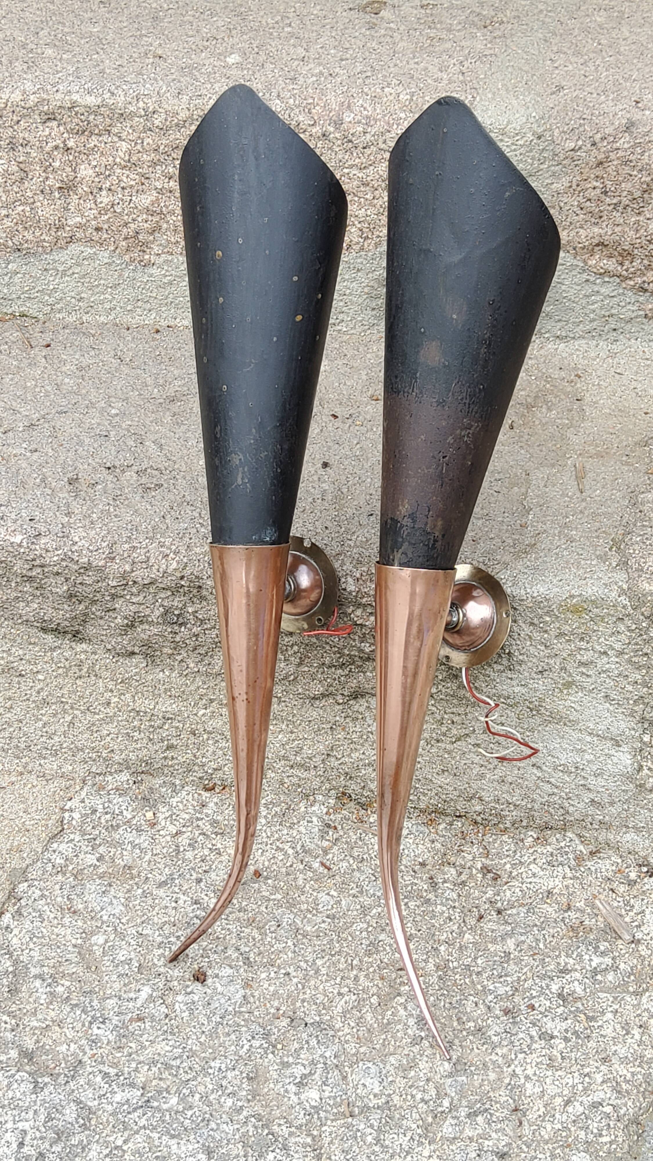 Pair of vintage 50s copper and metal wall lights