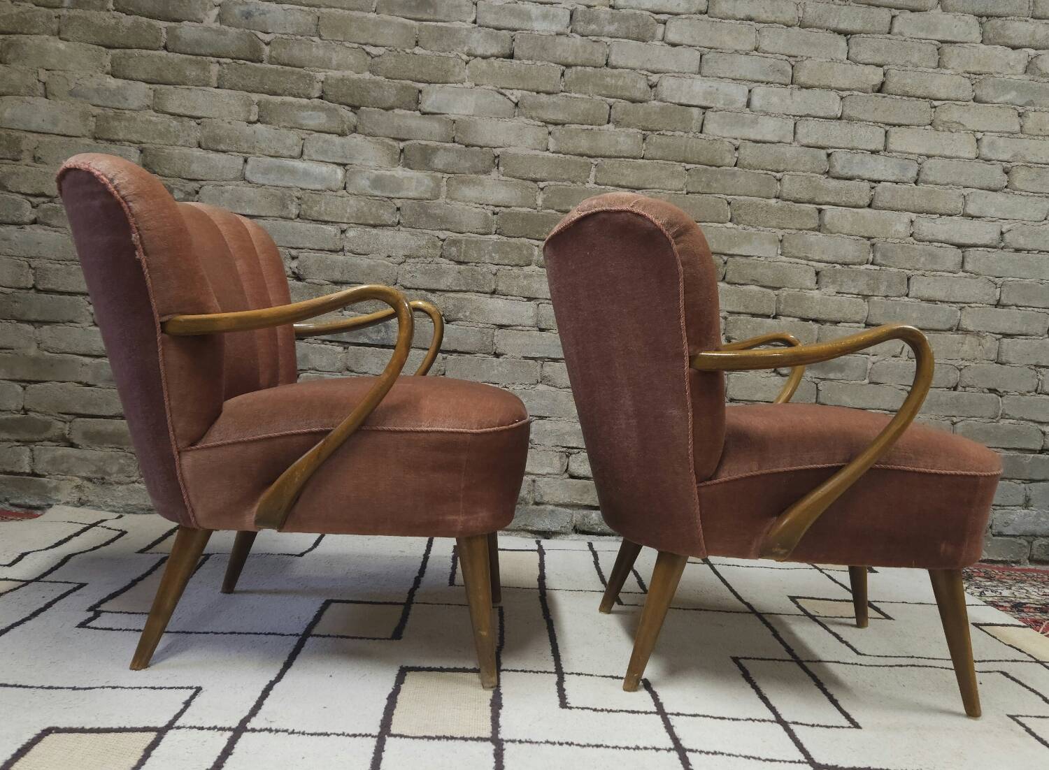 Pair of pink velvet cocktail armchairs 1960