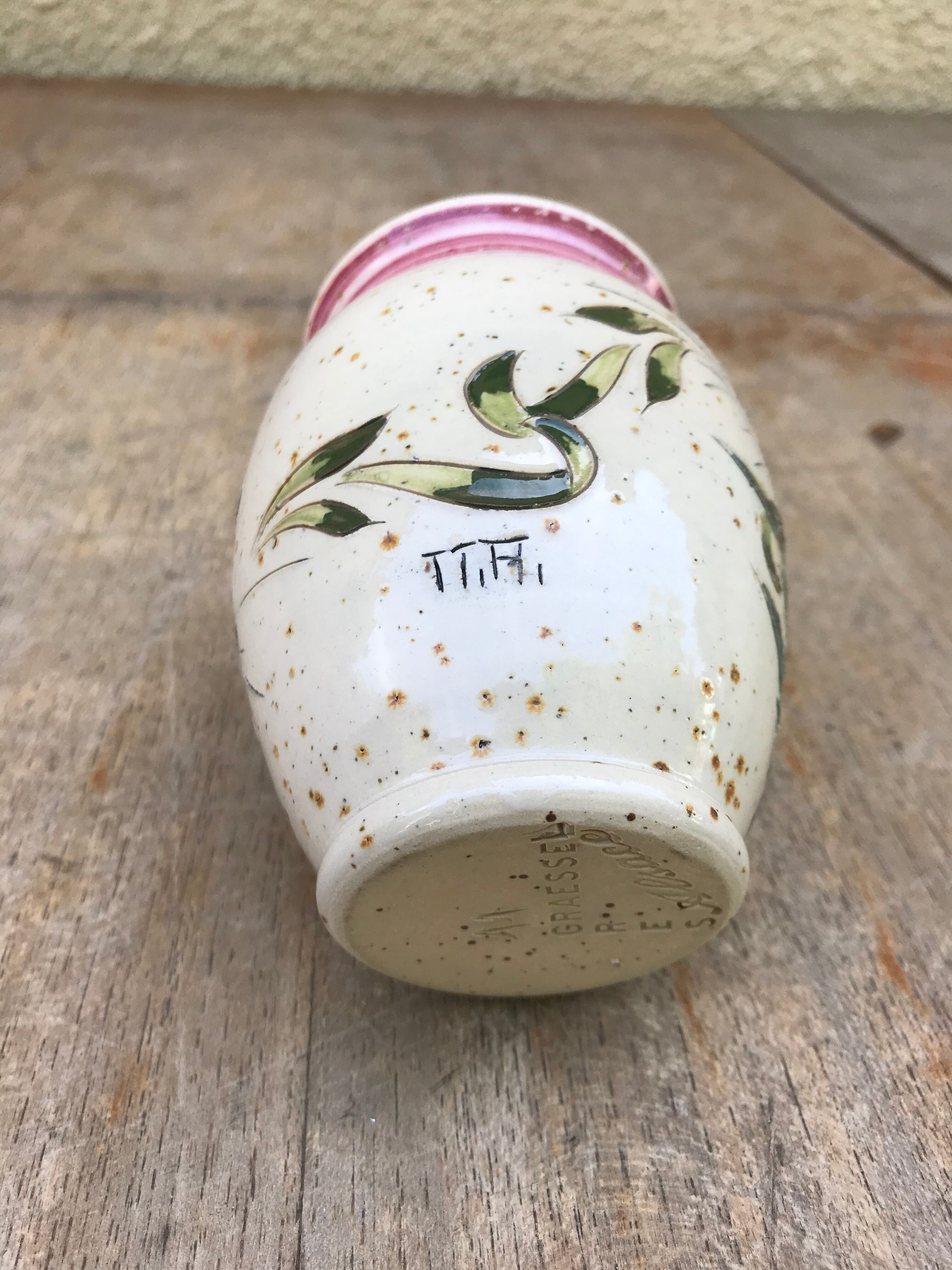 Ancient vase grès Alsace Graessel beige décor chislé made in France vintage