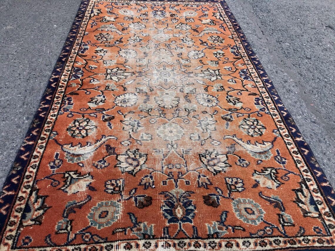 Orange and Blue Handmade Oushak Rug with Flowers