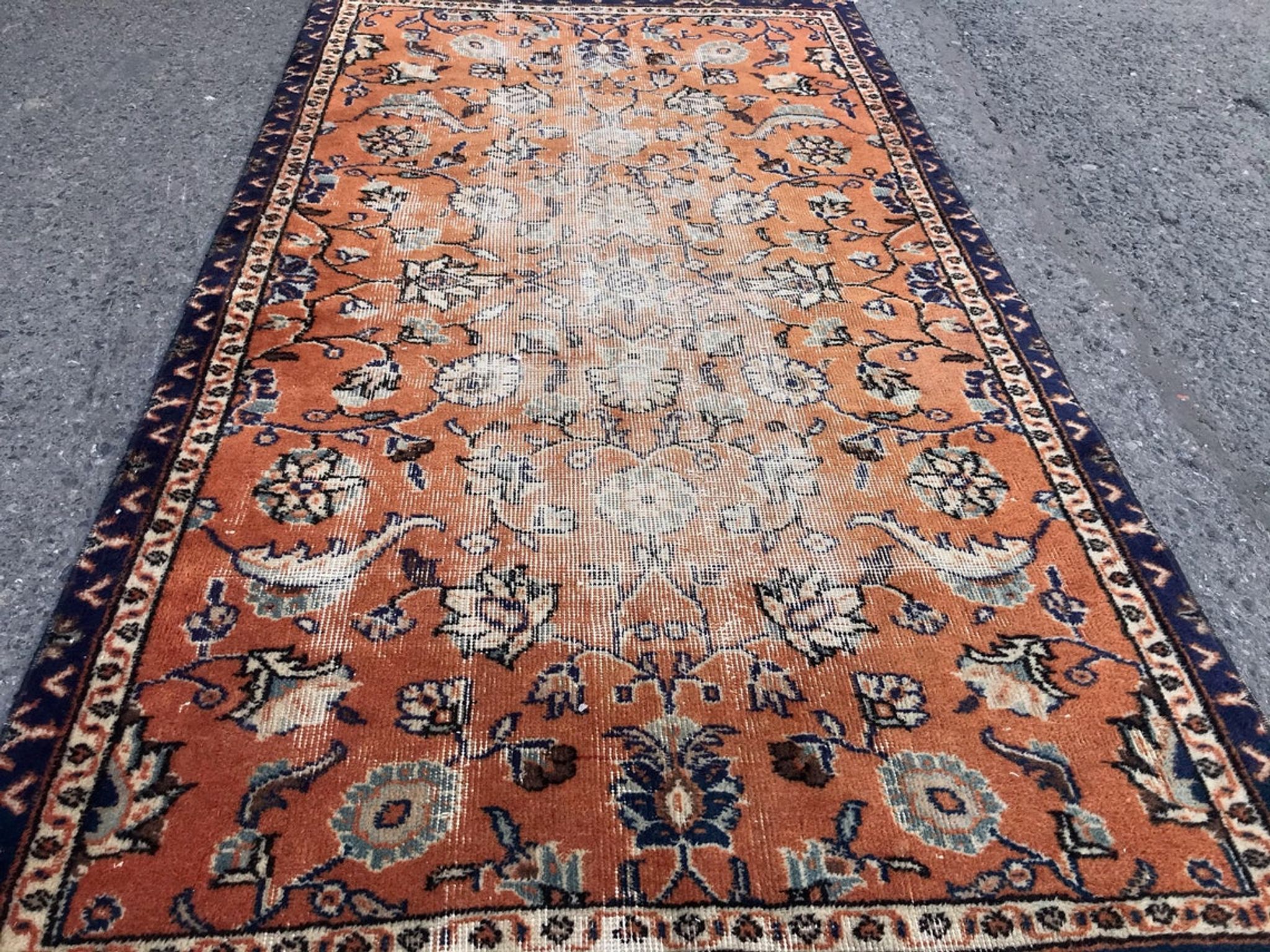 Orange and Blue Handmade Oushak Rug with Flowers