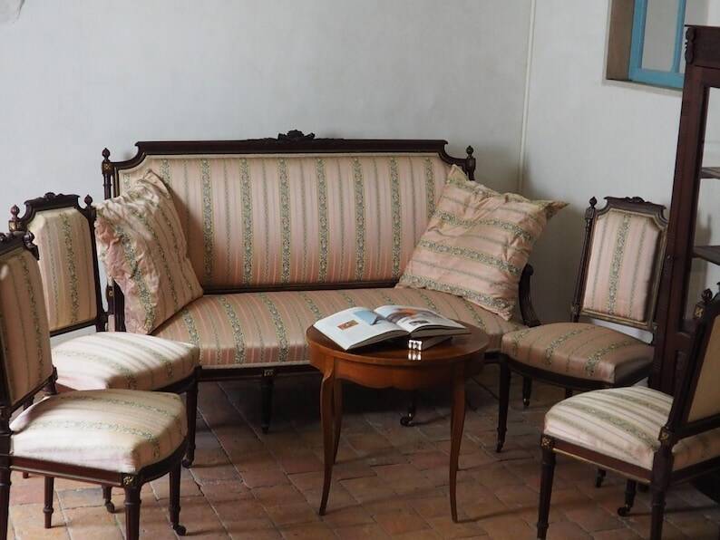 Antique French Empire Style Sofa and Chairs: Pink Satin Furniture Set