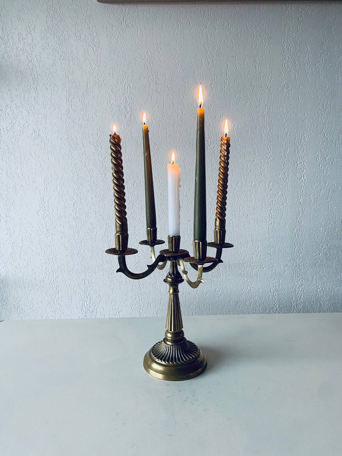 Five-branched brass candelabra