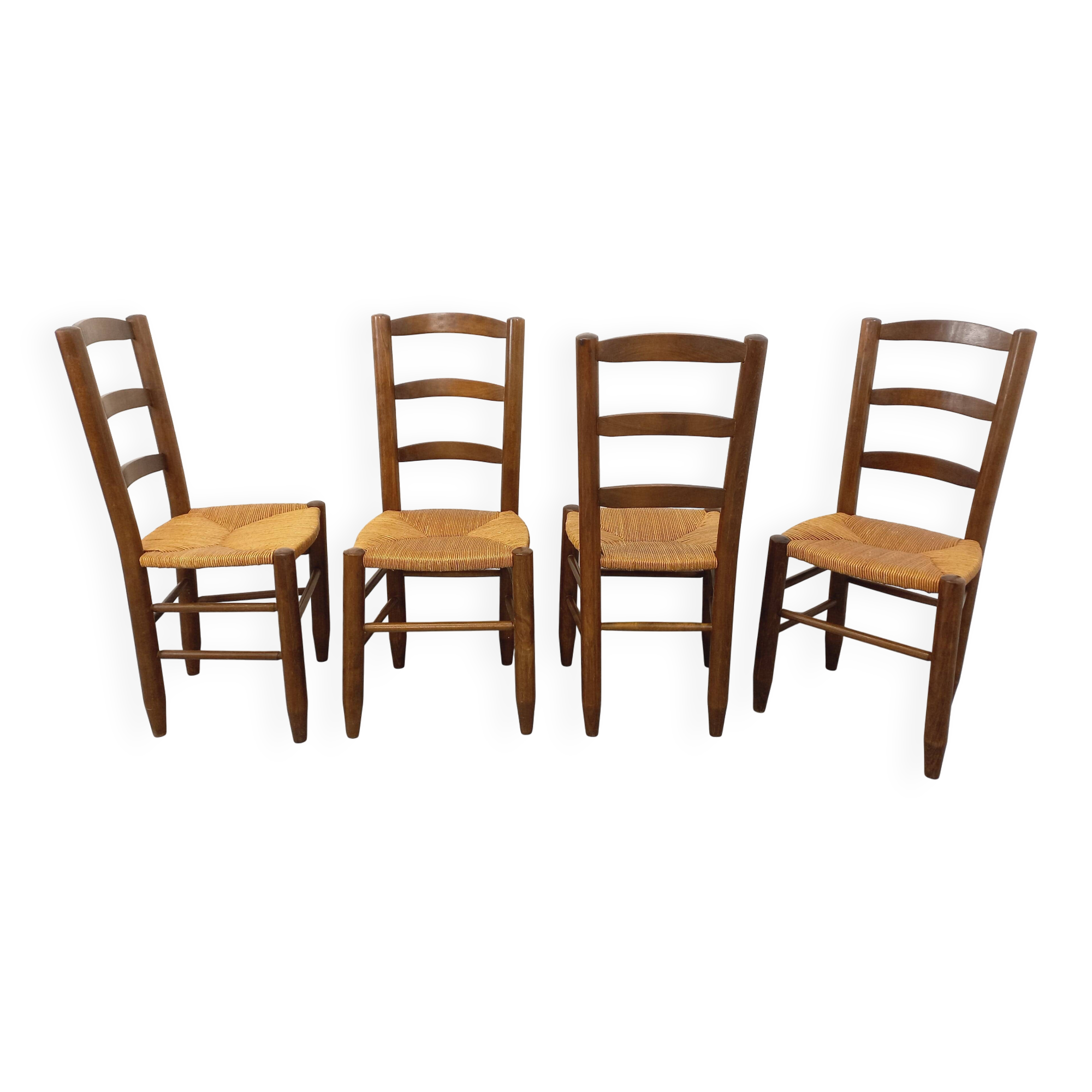 Set of 4 vintage brutalist chairs in wood and straw from the 1960s.