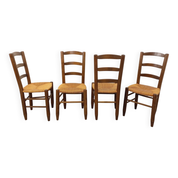 Suite de 4 chaises brutalistes vintage en bois et paille des années 60