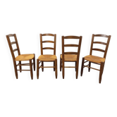 Set of 4 vintage brutalist chairs in wood and straw from the 1960s.