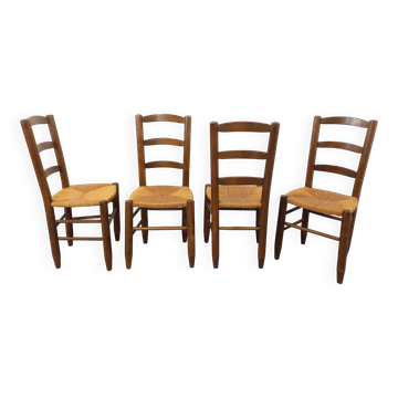 Suite de 4 chaises brutalistes vintage en bois et paille des années 60