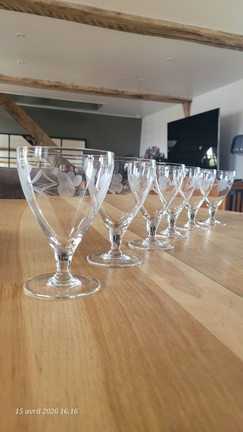 6 vintage engraved glass stemware glasses