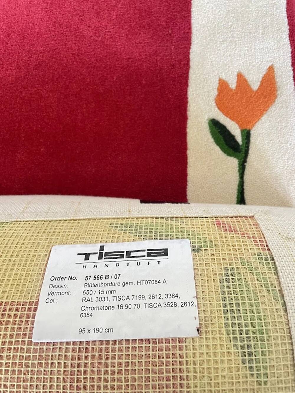 Hand-tufted wool rug "Blütenbordüre" Tisca 1980s France