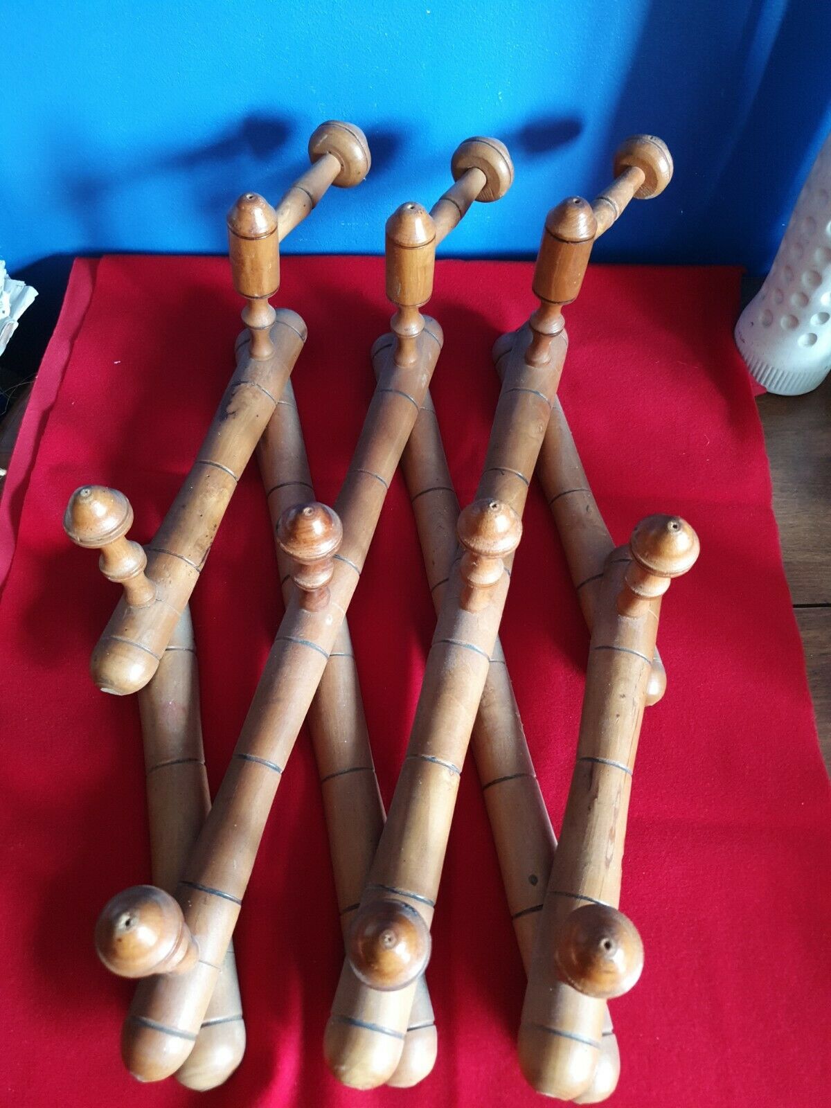 Vintage wooden coat rack imitation bamboo accordion 10 patères