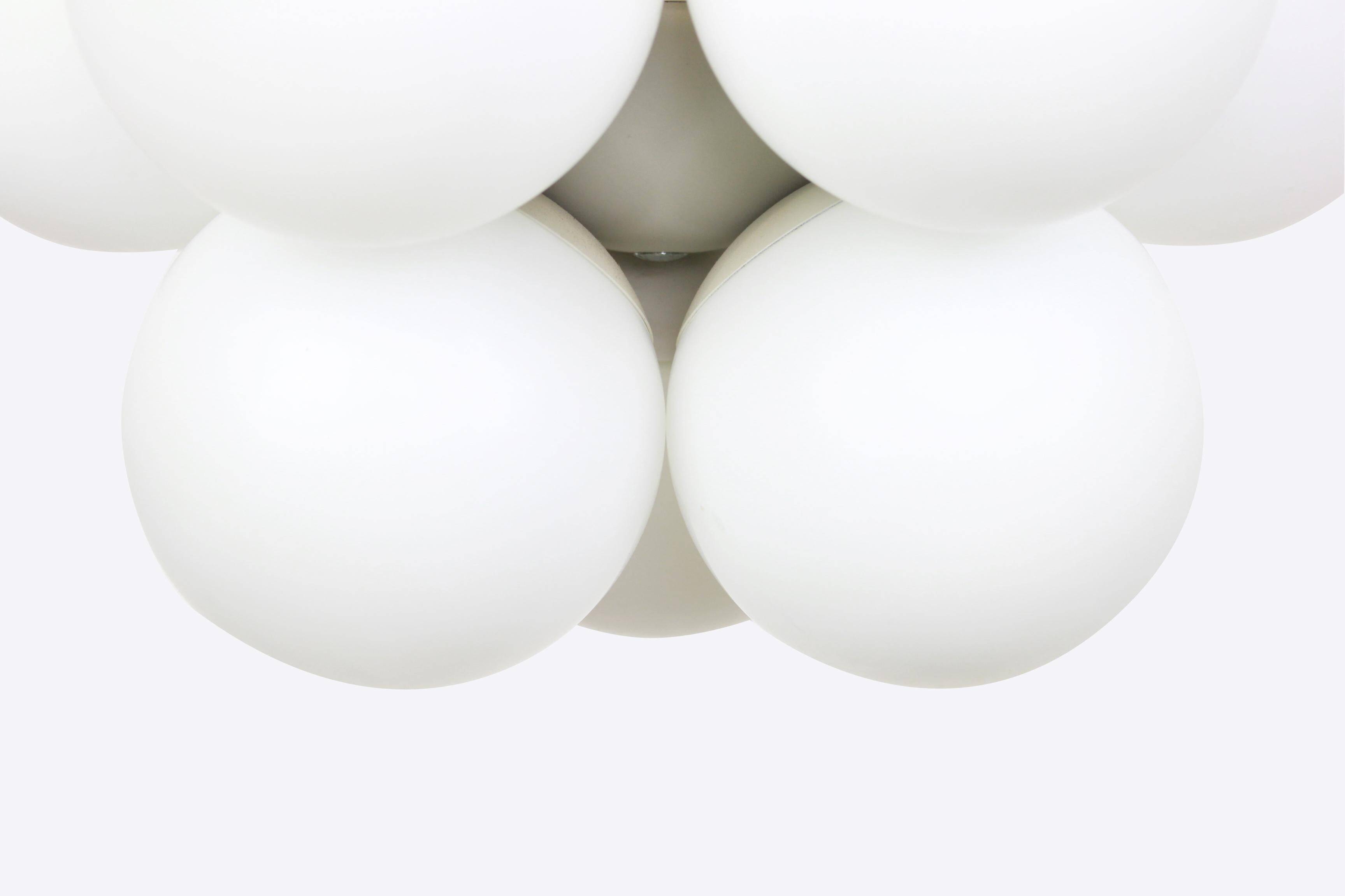 Kaiser Sputnik chandelier, molecular shape, 12 opal glasses, Germany, 1970s