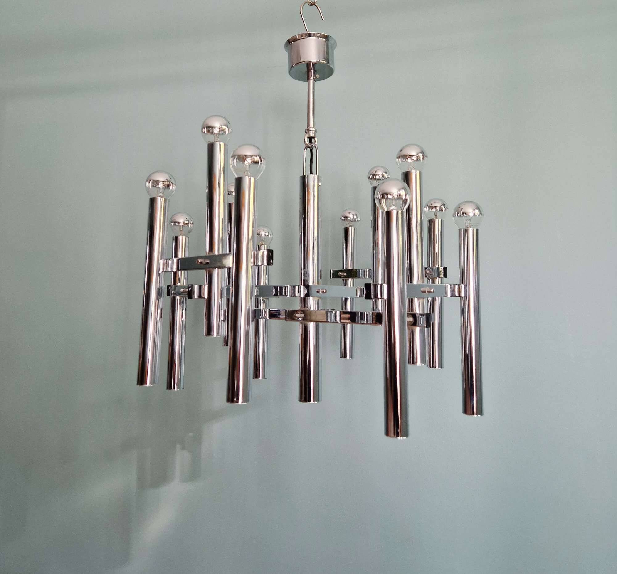 Large geometric chandelier in chromed metal, Massive, 1970