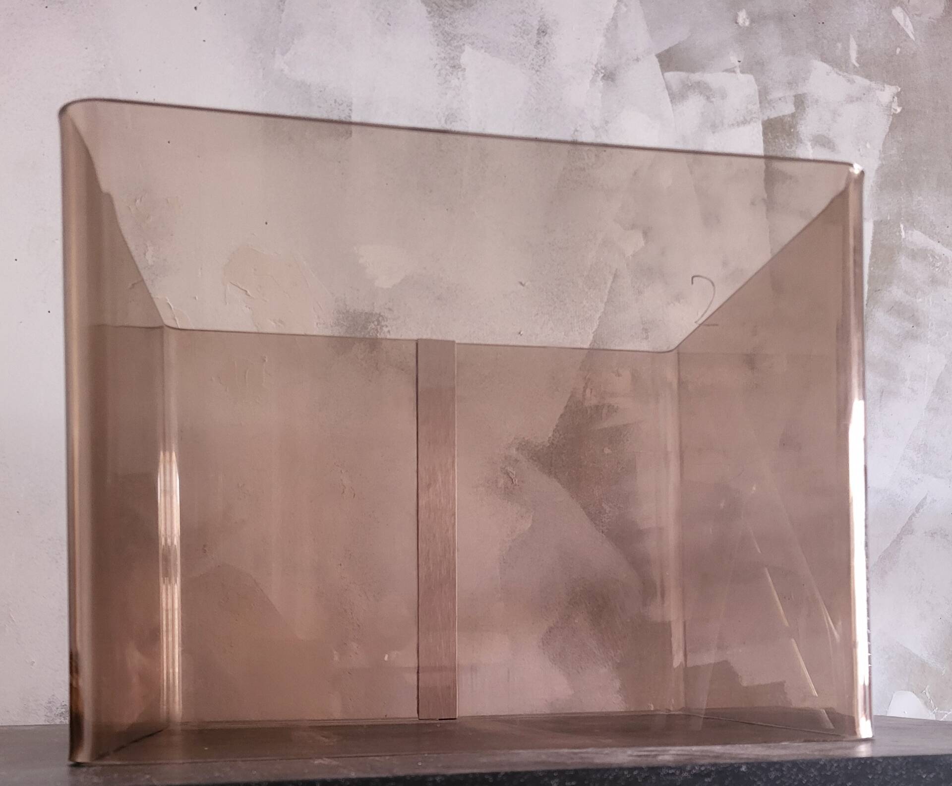Rectangular piece of furniture or coffee table in smoked plexiglass by Michel Dumas.