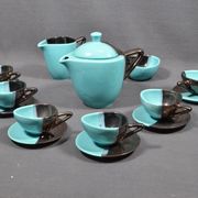 Vallauris coffee service in black and turquoise earthenware.