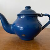 Ancienne Théière Métal Tôle Émaillée Bleu Vintage
