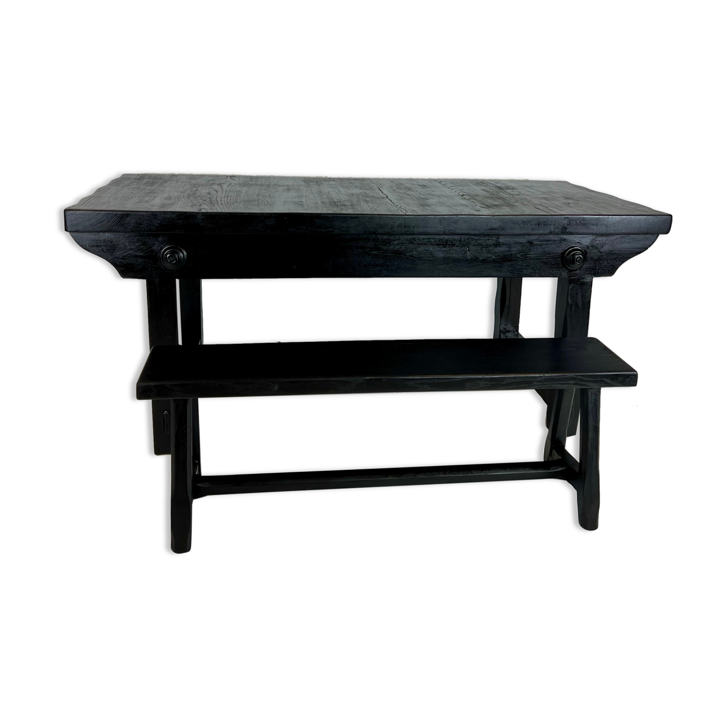 Brutalist elm table Wabi-sabi spirit and its 2 benches