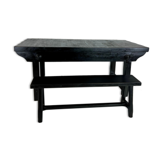 Brutalist elm table Wabi-sabi spirit and its 2 benches