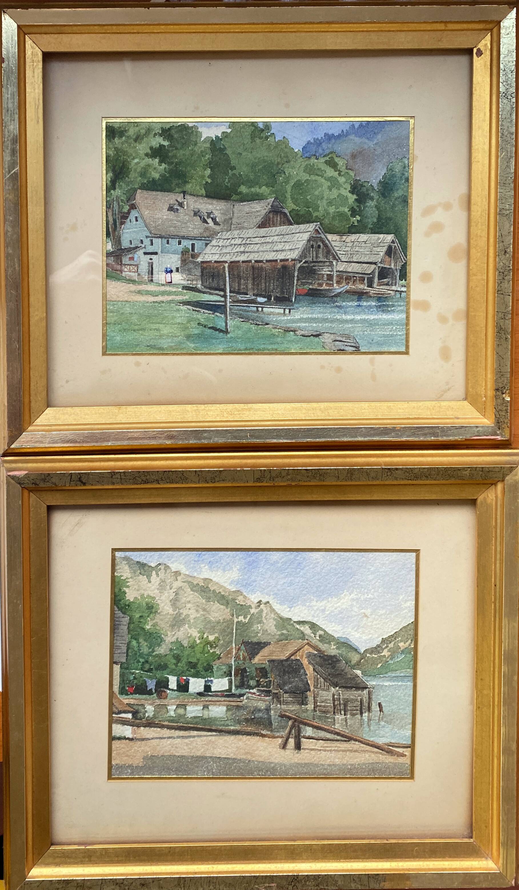 Watercolor paintings Austria Furberg and Unterach and frame circa 1950